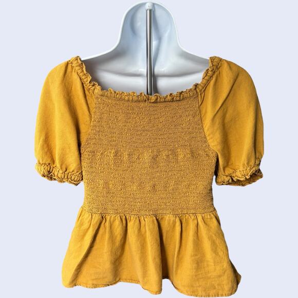 Old Navy linen-blend smocked peplum puff sleeve top S mustard square neck - Picture 2 of 5